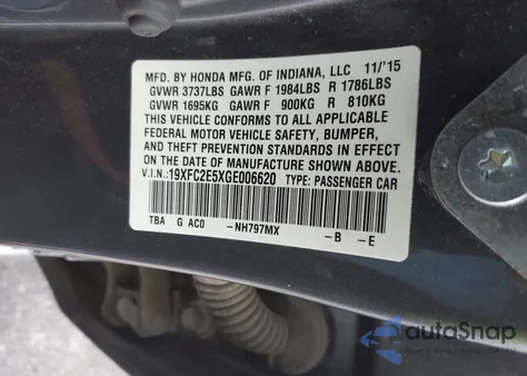 2016 Honda Civic Lx из США, поврежденный, VIN 19XFC2E5XGE006620